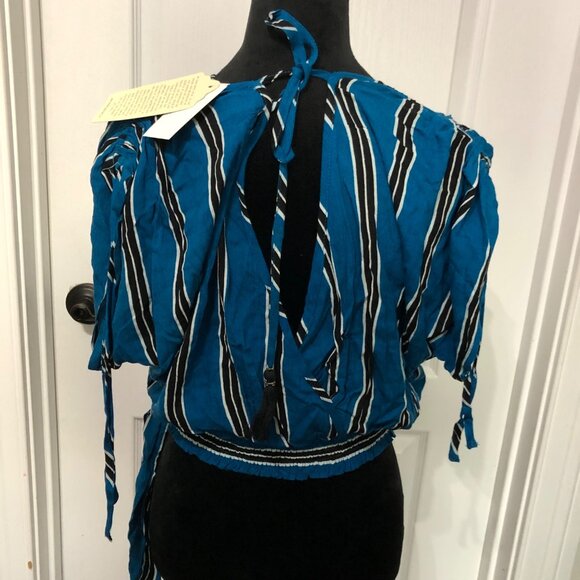 Band Of Gypsies Womens Blue & Black Striped Wrap Top Size‎ M 100% Viscose NWT - Picture 4 of 9